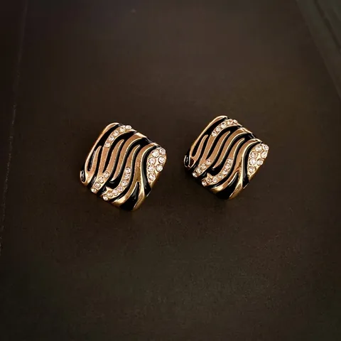 Vintage Rauten Ohrstecker Mit 925 Sterling Silber Ohrring Stecker Legierung Strass Schwarz Emaille Zebra Muster Retro