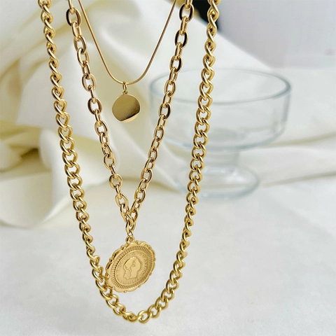 Collana A Strati In Acciaio Inossidabile Ciondolo Moneta Ritratto Disco Rotondo Gioielli Retro Lusso Per Donna