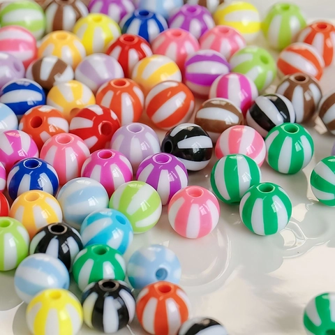 Acrylic Striped Round Beads Watermelon Pattern Macaron Contrast Color DIY Jewelry Making For Phone Chains Necklaces