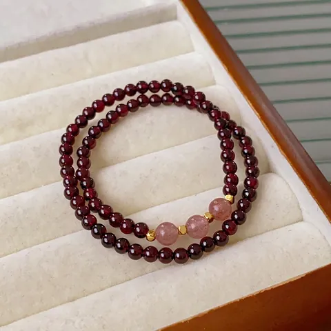 Bracciale Di Perline In Granato E Quarzo Fragola Gioielli Eleganti In Stile Neo Cinese Per Donna Distanziatori In Rame Placcato Oro