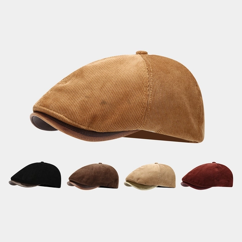 Retro Corduroy Flat Cap For Men Women Adjustable Ivy Newsboy Hat Autumn Winter Warm Solid Color Duckbill Cap Fashion