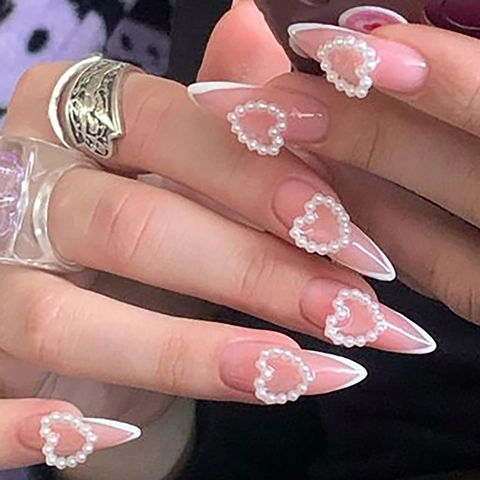 Uñas Postizas Almendras Puntas Francesas Blancas Con Diseño Corazón De Perlas Artificiales Elegantes Dulces Removibles