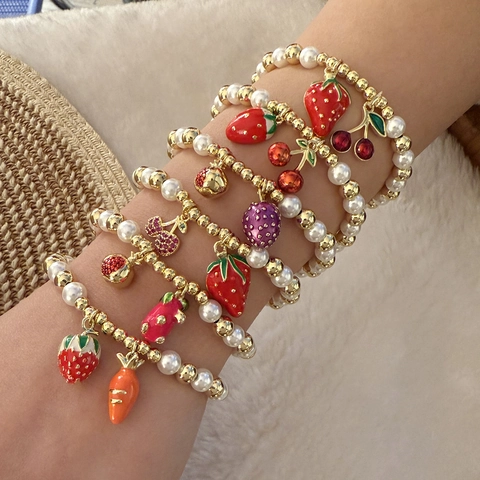 Sweet Fruit Strawberry Cherry Pendant Bracelet Faux Artificial Pearl Gold Plated Beaded Jewelry For Women Girls Cute Pastoral Style