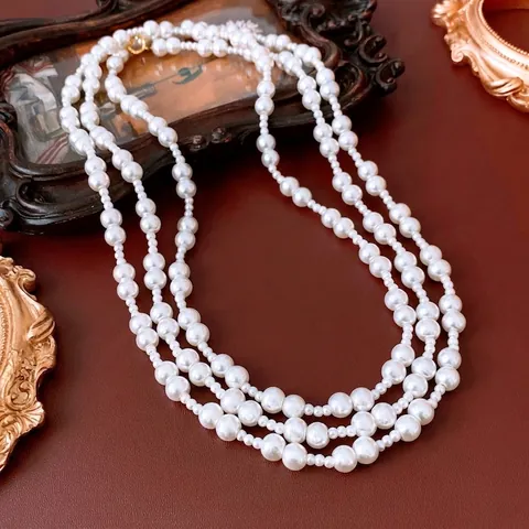 Vintage Multilayer Glass Artificial Pearl Necklace Long Sweater Chain French Palace Style Copper Clasp Elegant Jewelry For Women