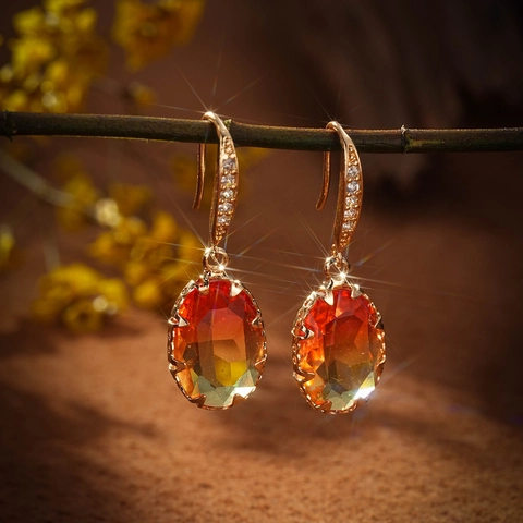 Oval Gradient Gemstone Dangle Earrings Gold Plated Copper With Cubic Zirconia Elegant Fashion Jewelry For Women