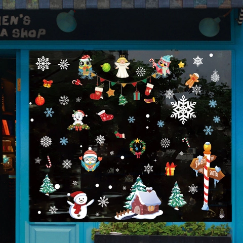 Pegatinas Navidad Ventana Adhesivos Estáticos Reutilizables PVC Muñeco De Nieve Búho Copos Nieve Decoración Cristal