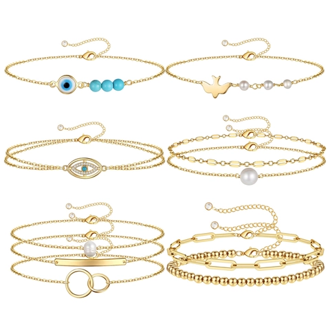 18K Gold Plated Stainless Steel Layered Bracelet For Women Evil Eye Freshwater Pearl Turquoise Charm Chain Jewelry Gift