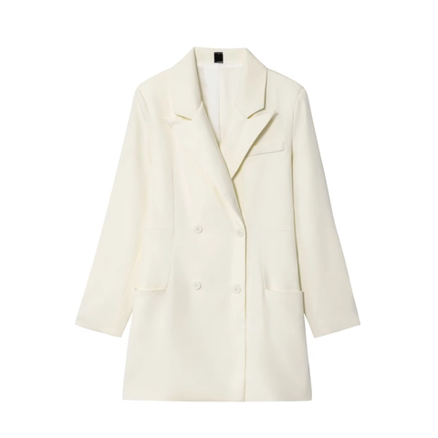 Damen Doppelreihiger Blazer Langarm Revers Einfarbig Off White Mittellang Professionelle Oberbekleidung
