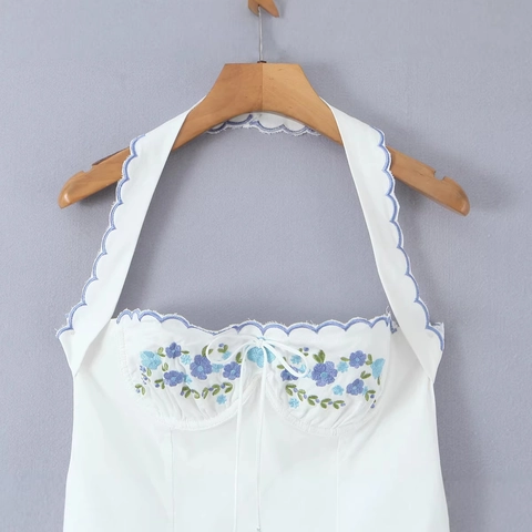 Abito da Donna Estivo con Scollo all'Americana Bianco Ricamo Floreale Bordo Festonato Senza Maniche A-Line Casual Mini