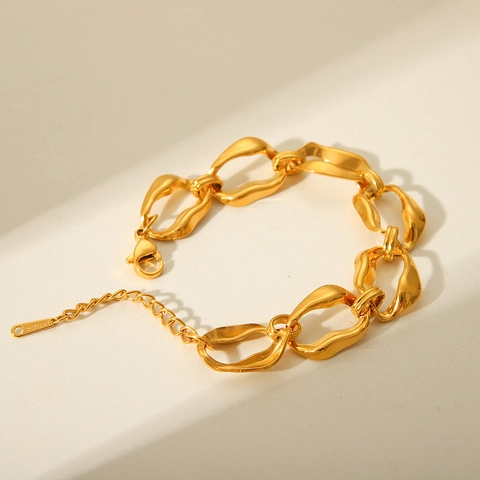 Pulsera De Cadena Gruesa Eslabón Ondulado Irregular Acero Inoxidable Chapado En Oro De 18K Ajustable Joyería Geométrica Minimalista Mujer
