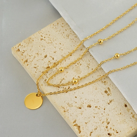 Minimalistische Doppellagige Halskette Edelstahl 18K Vergoldet Runder Scheibenanhänger Kleine Perlen Vintage Stil Schmuck Für Damen