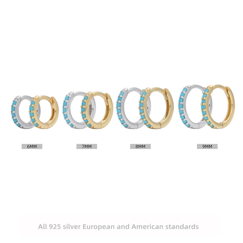 925 Sterling Silver Round Hoop Earrings Minimalist Zirconia Turquoise Inlaid Geometric Piercing Ear Buckles Unisex Jewelry Gift