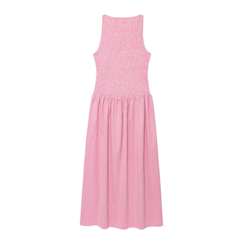 Gingham Gesmoktes Midi Kleid Ärmellos Seersucker Rundhals Rosa Weiß Karoliertes A-Linie Lässiger Urlaubsstil Für Damen
