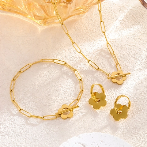 Flower Toggle Clasp Necklace Bracelet And Earrings Titanium Steel Gold Plated Paperclip Chain Minimalist Jewelry Women