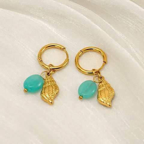 Pendientes De Aro Con Caracola Y Cuenta De Turquesa Natural Acero Inoxidable Chapado En Oro De 18K Para Mujer Playa Verano