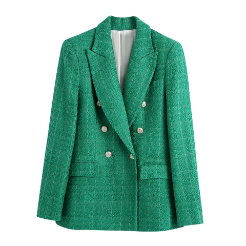 Vrouwen Double Breasted Tweed Blazer Jas Vintage Woon-werkverkeer Geruit Lange Mouwen Reverskraag Pak Jas Voor Kantoor Dame Streetwear