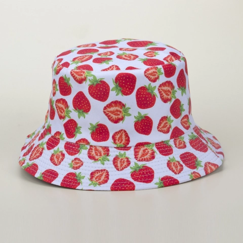 Chapeau Bob Imprimé Fraise Réversible Coton Toile Protection Solaire Été Plage Chapeau De Soleil Femmes