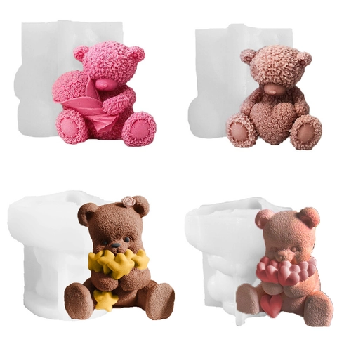 3D Teddy Bear Silicone Mold Heart Star Flower Fuzzy Texture DIY Scented Candle Plaster Craft Fondant Cake Decoration