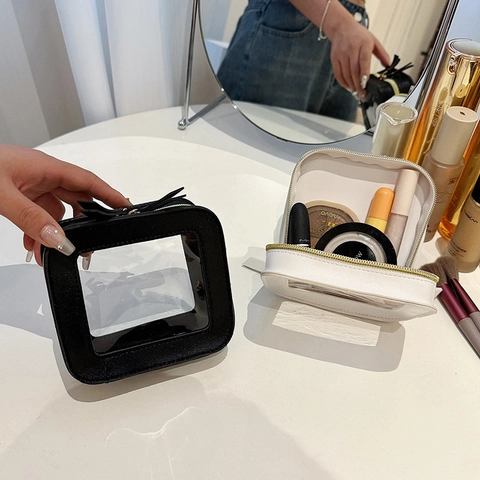 Minimalistische Transparante Make-up Tas PU Leer Helder Cosmetisch Etui Draagbare Lipstick Opslagtas Reis Toiletzak