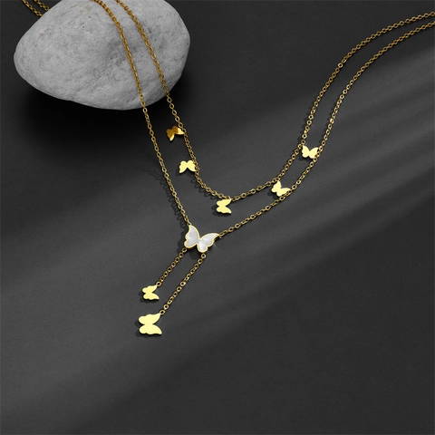Butterfly Jewelry Stainless Steel Double Layer Necklace And Anklet With White Mother Of Artificial Pearl Shell Charms Gold Fashion For Women