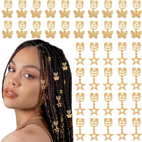 Gold Metal Dreadlock Jewelry Rings With Butterfly And Star Pendants Braid Hair Accessories Hair Clips For Women