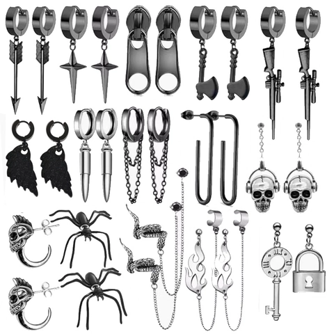 Punk Gothic Metal Drop Stud Earrings For Men Women Hip Hop Vintage Skeleton Spider Cross Axe Arrow Jewelry Novelty