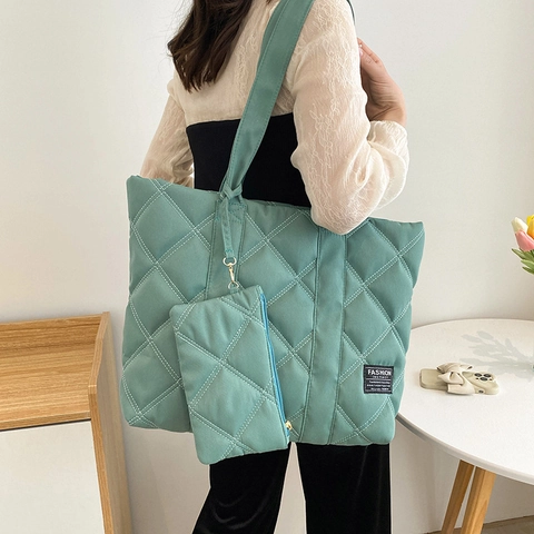 Women Quilted Rhombus Puffer Tote Bag Nylon Large Capacity Shoulder Handbag With Small Coin Purse Pouch