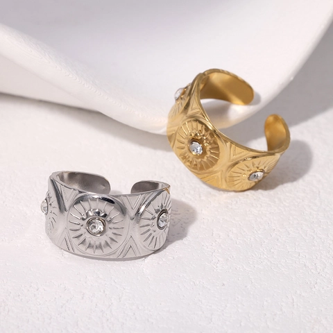 Anillo Abierto Con Patrón Solar De Acero Inoxidable Chapado En Oro De 18K Ajustable Circonita Joyería Retro Para Mujer
