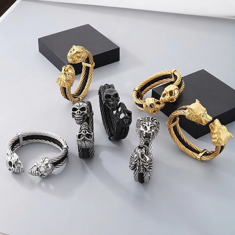 Punk Men Stainless Steel Wolf Lion Head Skull Open Cuff Bracelet Gothic Braided Leather Metal Wire Spliced Bangle Jewelry