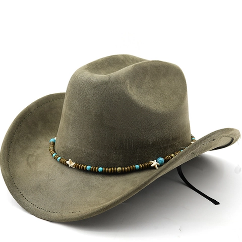 Cappello Da Cowboy In Finta Pelle Scamosciata Tesa Larga Fascia Etnica Perline Stella Marina Boho Retro Unisex