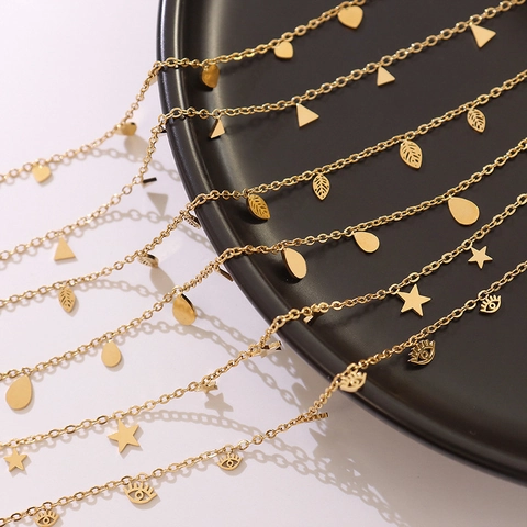 Collana Acciaio Inossidabile Placcato Oro 18K Pendenti Multipli Cuore Malocchio Triangolo Foglia Goccia Acqua Minimalista Retrò Francese Donne