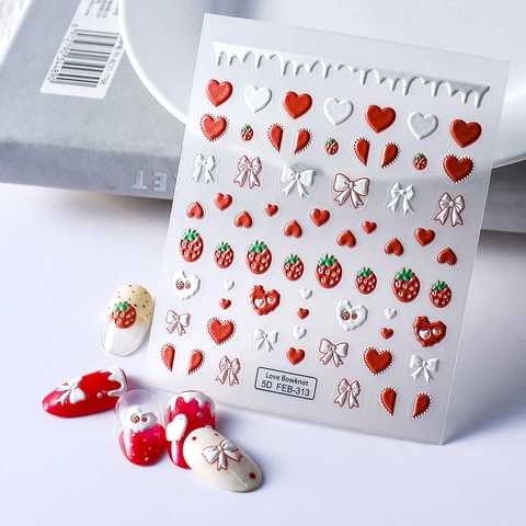 Autocollants Ongles Relief 5D Fraise Cœur Nœud Design Autocollant Décalcomanies Art Manucure Décoration DIY