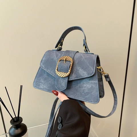 Women PU Leather Handbag Vintage Square Crossbody Bag With Gold Weave Buckle Top Handle Shoulder Bag For Commuting