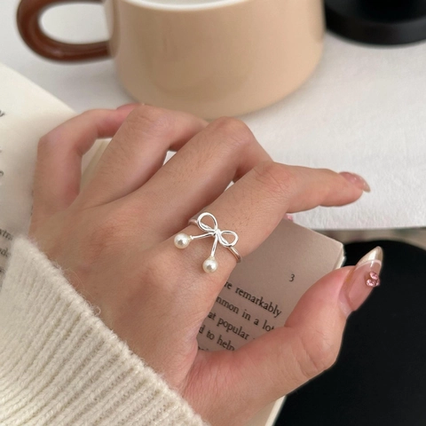 Bowknot Artificial Pearl Ring 925 Sterling Silver Adjustable Open Band Dainty Korean Style Jewelry For Women
