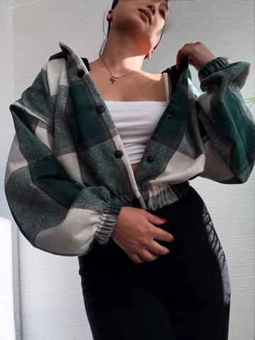 Women Plaid Hooded Jacket Short Imitation Wool Fleece Lined Button Down Long Sleeve Loose Casual Retro Outerwear