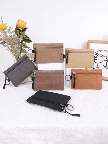 Small Canvas Coin Purse With Keyring Zipper Portable Mini Wallet For Coins Keys Cards Solid Color Unisex