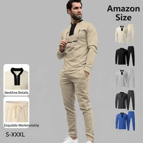 Heren Casual Trainingspak Wafelbreisel Lange Mouwen Halve Rits Opstaande Kraag Sweatshirt En Broek Sportief