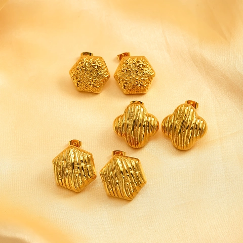 Vintage Geometric Earrings 18K Gold Plated Stainless Steel Embossed Texture Clover Hexagon Shape Retro Fashion Jewelry For Women