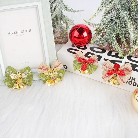 Christmas Decoration Bows With Gold Bells Burlap Linen Fabric Holly Leaves Tree Hanging Ornaments DIY Craft Print