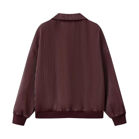Women Pleated Faux Leather Jacket Long Sleeve Zipper Up Lapel Collar Vintage Solid Color Casual Fashion Outerwear