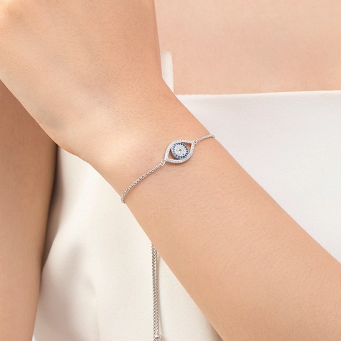 925 Sterling Silver Evil Eye Bracelet For Women Zirconia Pave Blue Eye Adjustable Bolo Box Chain Luxurious Bracelet Jewelry