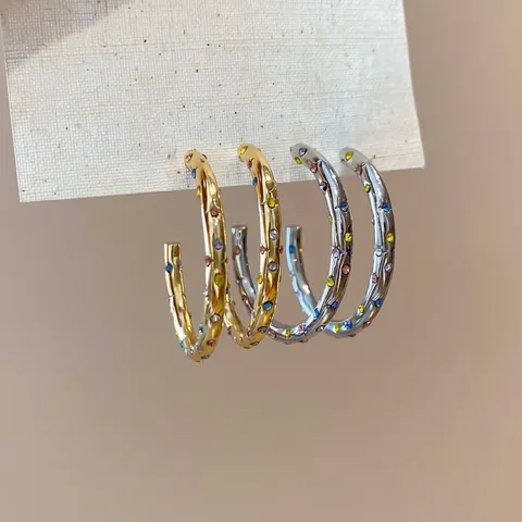 C-Form Creolen Bunte Strasssteine Kupfer Und 925 Sterling Silber Ohrstecker Vintage Stil Für Damen