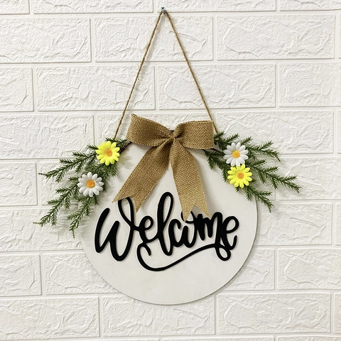 Rustic Wooden Welcome Sign For Front Door Decoration Artificial Wreath With Burlap Bow Daisy Home Wall Hanging Porch Decor