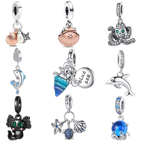 Ocean Series 925 Sterling Silver Charms Pendants Starfish Sea Turtle Dolphin Octopus Shell Blue Enamel Zirconia Jewelry