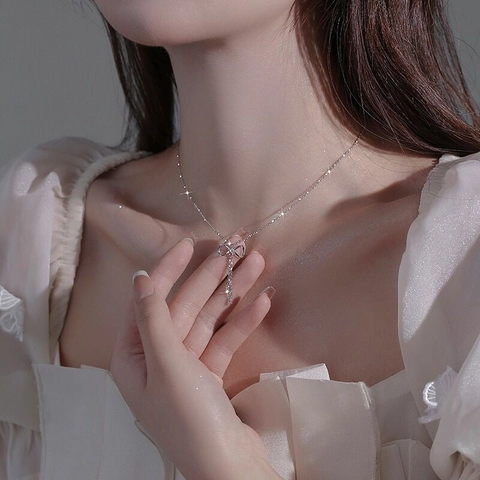 925 Sterling Silver Bowknot Tassel Necklace Elegant Rhinestone Pendant Clavicle Chain For Women Fashion Jewelry Gift