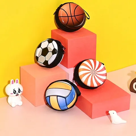 Tinplate Mini Round Coin Purse Portable Earphone Storage Case Sporty Basketball Soccer Volleyball Patterns Zipper Wallet With Lanyard
