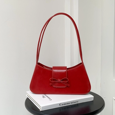 Women PU Leather Underarm Shoulder Bag Minimalist Bowknot Decor Baguette Handbag Fashion Solid Color