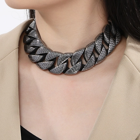 Collier Et Bracelet Grosse Maille Gourmette Acier Inoxydable Rétro Motif Gravé Vintage Punk Hip Hop Bijoux