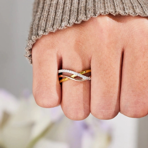 925 Sterling Silver Tricolor Intertwined Twist Ring For Women Minimalist Rhinestone Geometric Wave Cross Ring Friendship Jewelry