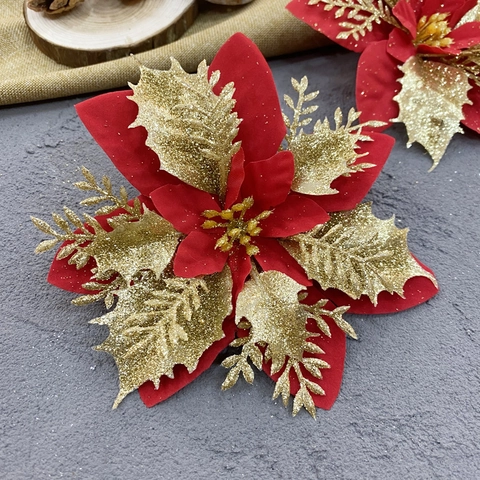 Artificial Christmas Poinsettia Flowers Glitter Hollow Fabric Plastic Sparkling Ornaments For Tree Wreath Party Decor